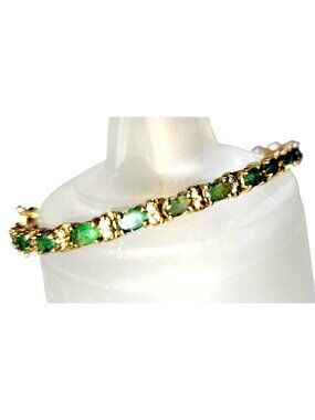 Vintage Tennis Bracelet Faux Emeralds Green White Crystals 7.5" Gold Plated